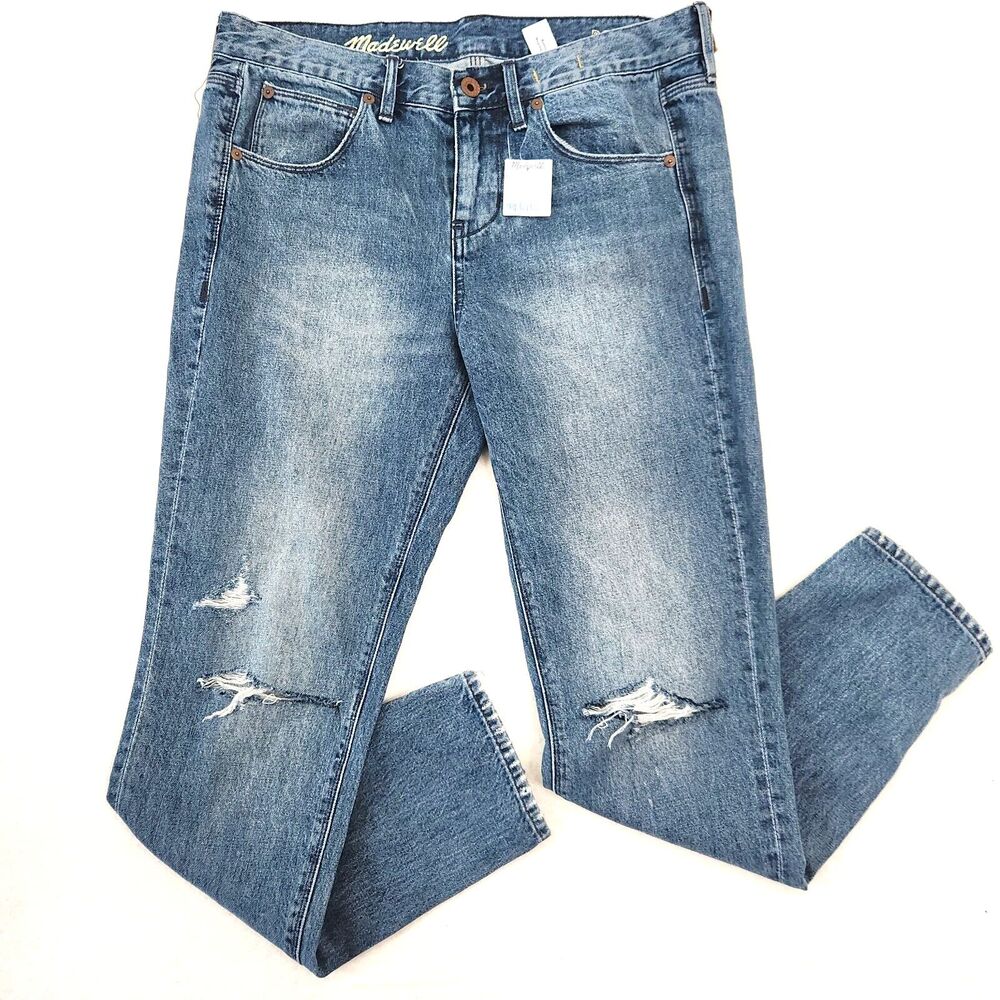Madewell BoyJean Slim Jeans Womens 26 Mid Rise Distressed Blue Denim NWT